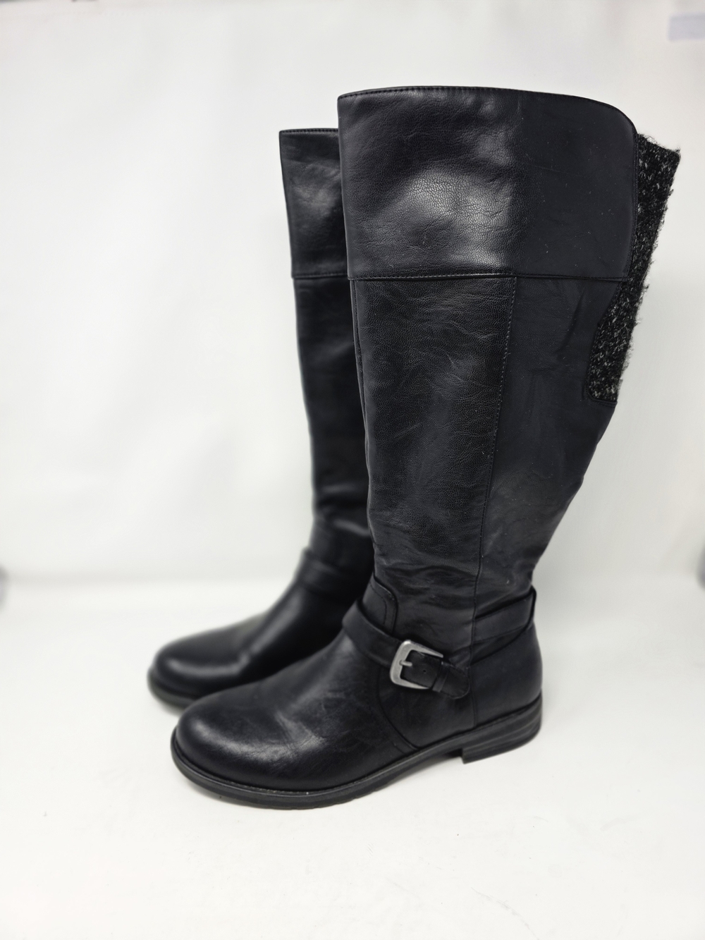 Baretraps Cessa 2 Black Tall Riding Boots Womens 10 Wide Calf Knit Panel Buckle